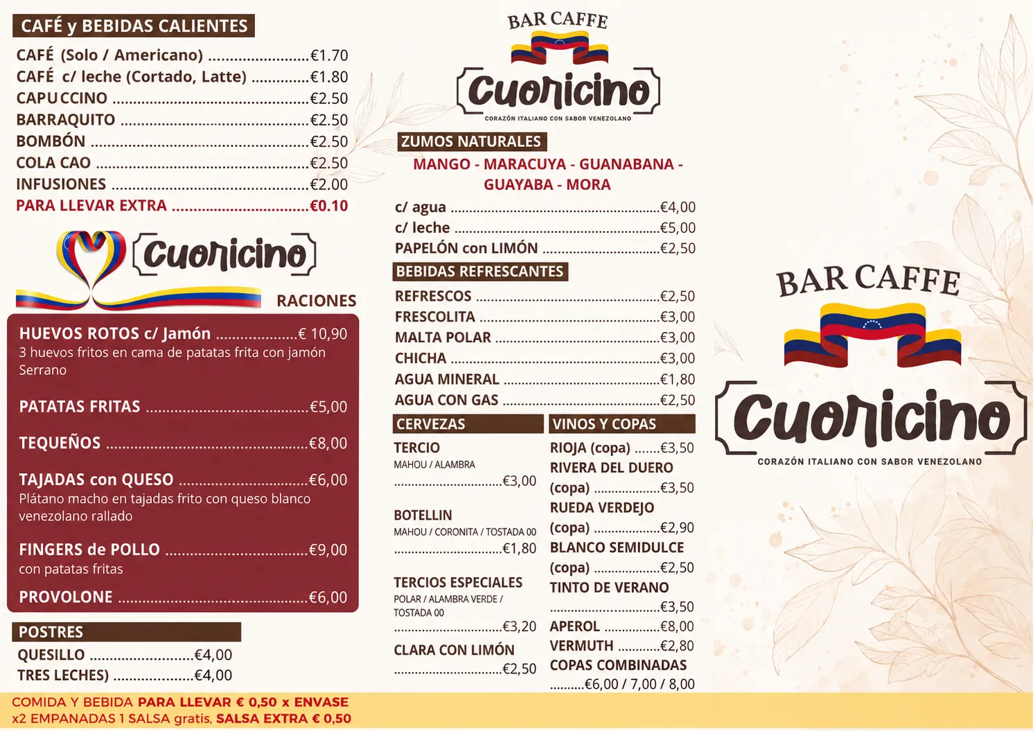 Carta de bebidas, raciones y postres de Cuoricino